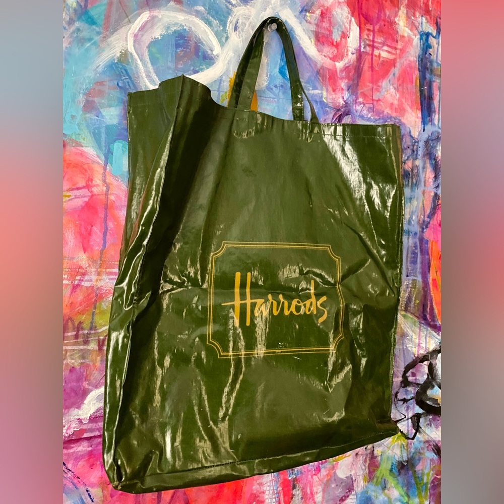 classic Vintage HARRODS London England Heavy Vinyl Shopper Tote Bag Carry All 💚